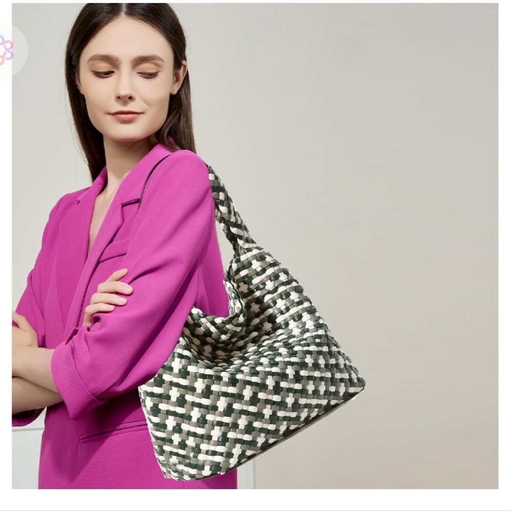 Stylish Vegan Leather Hand Woven Tote Bag Green Cream Handbag Shoulder Purse - Picture 7 of 15